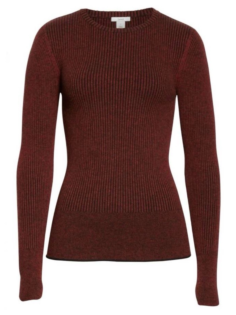 Lewit Two Tone Wool Cashmere Blend Crewneck Ribbed Sweater In Maroon